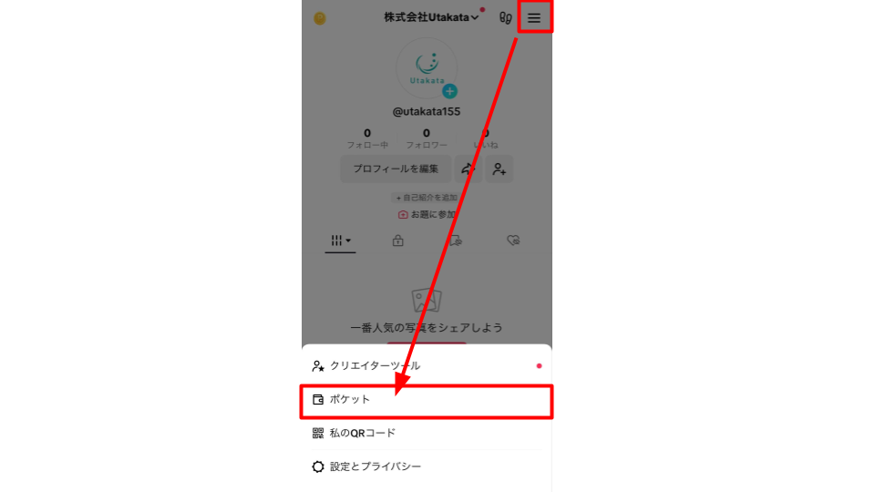 プロフィール画面の「≡」から「ポケット」をタップする