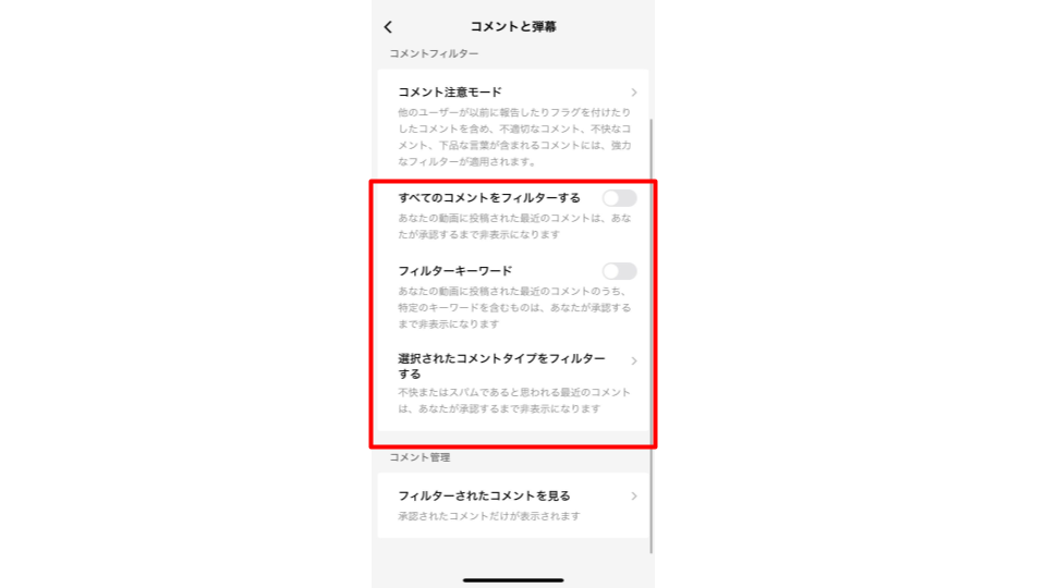 「すべてのコメントをフィルターする」「フィルターキーワード」「選択されたコメントタイプをフィルターする」